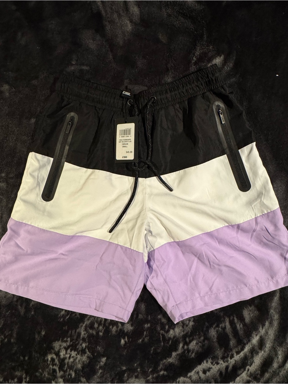Colorblock Swim Shorts in Black, White & Lavender